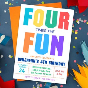 Four times the fun birthday invitation, 4th birthday party invite, Editable birthday invitation digital, Boy Fourth Bday Party invitation