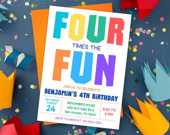 Four times the fun birthday invitation, 4th birthday party invite, Editable birthday invitation digital, Boy Fourth Bday Party invitation