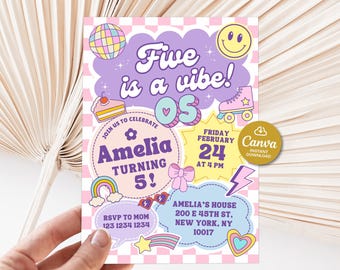 Invito per la festa del quinto compleanno, invito stampabile Five is a vibe, invito per il quinto compleanno, invito preppy modificabile, invito groovy