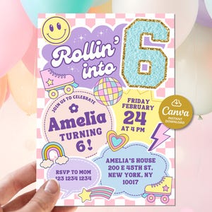 May include: A colorful birthday party invitation with the text "Rollin' into 6!" featuring a roller skate, rainbow, and disco ball. The invitation includes the name "Amelia" and event details.