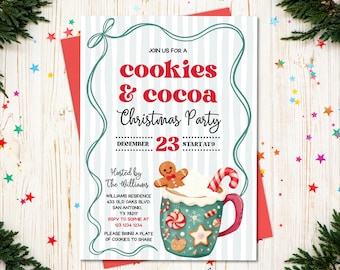 May include: Christmas party invitation with the text "cookies & cocoa". The invitation features a mug of cocoa with a gingerbread man and candy cane. The date is December 23rd, and the party starts at 9.