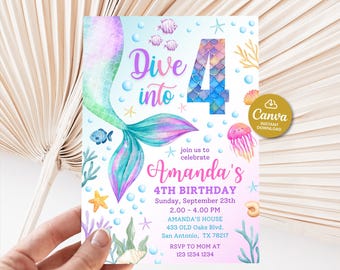 4th mermaid invitation, Dive into four mermaid invitation, 4th birthday invitation girl, Under the sea invitation, Mermaid bash, Summer