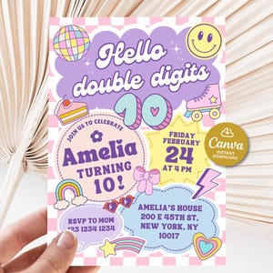 10th birthday party invitation, Hello Double Digits girl birthday invitation, Preppy invitation editable, ten birthday invitation, Groovy
