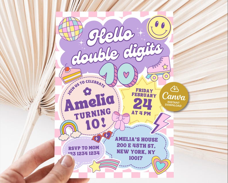 May include: A colorful birthday party invitation with the text "Hello double digits 10!" and the name "Amelia". The invitation includes a roller skate, a rainbow, a cake, and a smiley face. The date is February 24th at 4 PM.