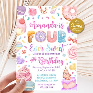 Invitation 4e anniversaire filles, Invitation d'anniversaire éditable Four Ever Sweet, Invitation de fête d'anniversaire pour quatrième anniversaire et Modèle d'invitation pastel