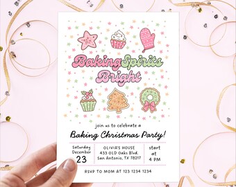 May include: A festive invitation for a Baking Christmas Party! The design features colorful illustrations of baked goods like a star cookie, cupcake, and gingerbread tree. The text reads "Baking Spirits Bright" and includes party details.