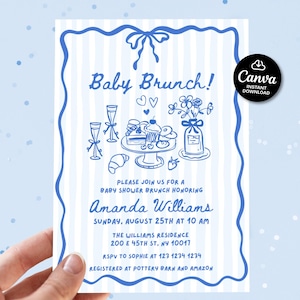 May include: A blue and white baby shower brunch invitation with a decorative border and bow. The invitation includes the text "Baby Brunch!" and details for the event, including the date, time, and location. The Canva logo is in the upper right corner.