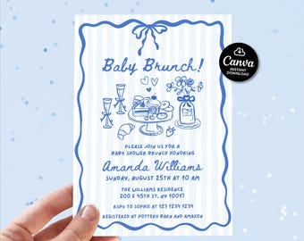 Może przedstawiać: Niebiesko-białe zaproszenie na baby shower brunch z ozdobną obwódką i kokardą. Zaproszenie zawiera tekst "Baby Brunch!" oraz szczegóły wydarzenia, w tym datę, godzinę i miejsce. Logo Canva znajduje się w prawym górnym rogu.
