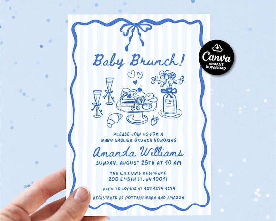 Baby Shower Brunch invite with name, Blue baby shower invitations, Editable Baby Boy Brunch Sprinkle Invite, Hand Drawn Baby Sprinkle