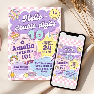 May include: A birthday party invitation with a retro design. The invitation features the text "Hello double digits 10" and "Amelia turning 10!" with a checkerboard background and colorful graphics including a disco ball and roller skate.