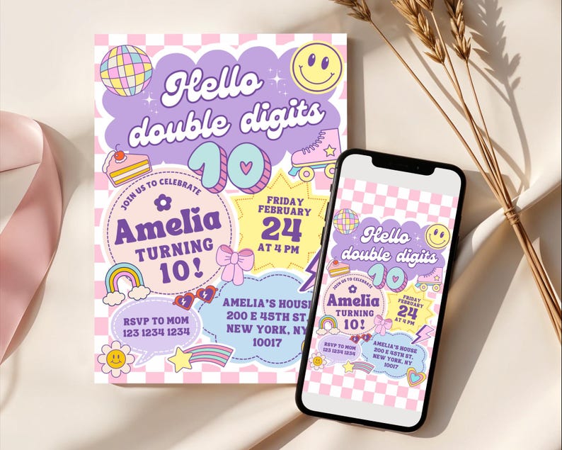 May include: A birthday party invitation with a retro design. The invitation features the text "Hello double digits 10" and "Amelia turning 10!" with a checkerboard background and colorful graphics including a disco ball and roller skate.