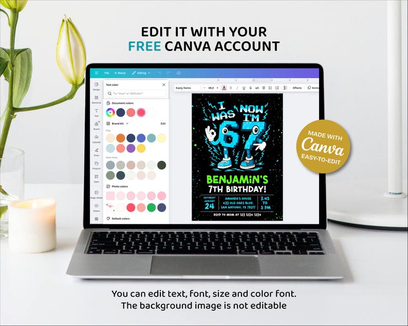 May include: A laptop displays a birthday invitation design with the text "I was 67, now I'm 67" in blue and green. The invitation is for Benjamin's 7th birthday. The laptop screen shows the Canva editing interface. Text on the screen says "Edit it with your free Canva account."