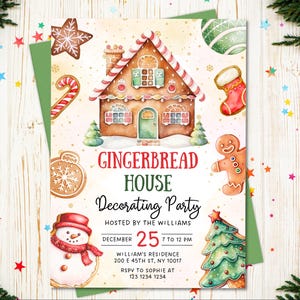 May include: A festive invitation for a Gingerbread House Decorating Party. The design features a watercolor illustration of a gingerbread house, snowman, and Christmas tree. The text includes the party details: date, time, and location.