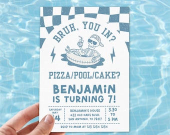 Bruh you in? Invitation editable, Bruh pool party Birthday invitation boy, Summer pool party, Tween Boy Birthday, Summerween party invite