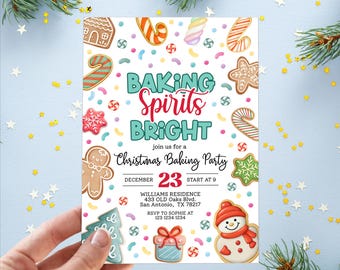 Baking Spirits Bright Christmas Party Invitation Template, Cookie exchange invitation with gingerbread, Christmas Baking Party, Holiday