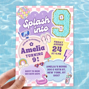 May include: A colorful birthday party invitation with the text "Splash into 9!" and "Amelia Turning 9!" The invitation includes illustrations of a disco ball, goggles, flip-flops, a rainbow, a flamingo, and a drink. The date is Friday, August 24th at 4 PM.