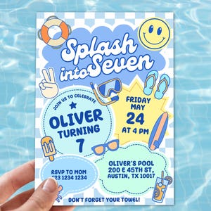 7th Birthday Pool Party, Splash into seven birthday invites boy, Editable Summer birthday party invite, Swimming party invite, Summer party
