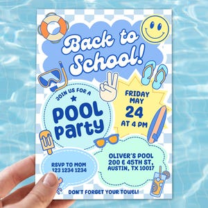 May include: A rectangular invitation card with a light blue and white checkered background featuring the text Back to School and Pool Party. Graphics include a life preserver, smiley face, snorkel, flip-flops, peace sign, surfboard, sunglasses, popsicle, and a drink. Details include Friday May 24 at 4 PM, Oliver's Pool 200 E 45th St, Austin, TX 10017, and RSVP to Mom 123 1234 1234.