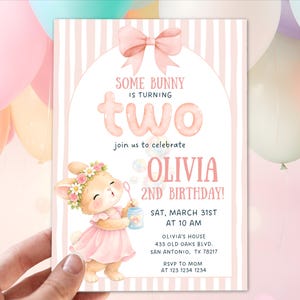 2nd birthday girl invitation, Some Bunny is Two Birthday Invitation, Pink Bow Rabbit First Party Invite, Second Birthday Easter theme