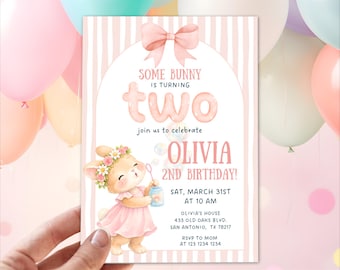 2nd birthday girl invitation, Some Bunny is Two Birthday Invitation, Pink Bow Rabbit First Party Invite, Second Birthday Easter theme