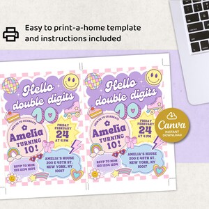 May include: Two birthday party invitations with a retro design. The invitations feature the text "Hello double digits" and "Amelia turning 10!" with a smiley face, roller skate, and rainbow graphics. The Canva logo is visible.
