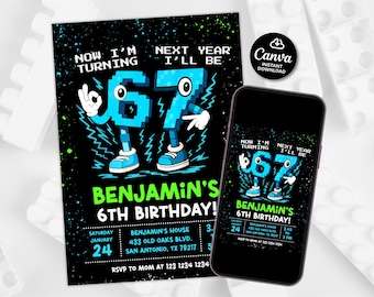 6 7 Brainrot birthday invite boy, 6th birthday invitation digital, Six Seven Meme Birthday Invitation, Retro gaming style invite, pixel meme