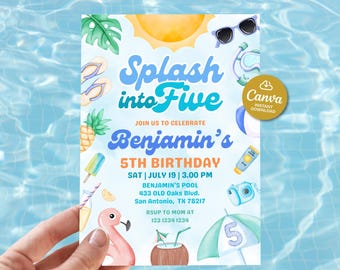 Splash into five birthday invites boy, 5th Birthday Pool Party, Editable Summer birthday party invite, Swimming party invite, Summer party