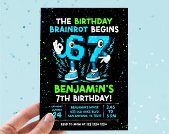 6 7 Brainrot birthday invite boy, Six Seven Meme Birthday Invitation, Retro gaming style invitation, pixel meme art