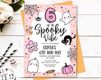 Six est une invitation à l'ambiance fantasmagorique modifiable, fête d'Halloween pour le 6e anniversaire, permet d'obtenir une invitation effrayante, invitation rose à une fête d'anniversaire fille Halloween, mignon
