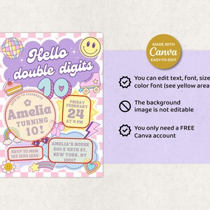 May include: A birthday invitation with a retro design. The invitation features the text "Hello double digits" and "Amelia turning 10!" with a checkerboard background and various illustrations, including a roller skate and a rainbow.