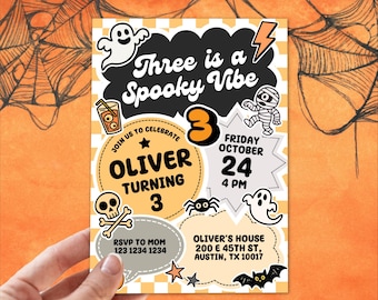 May include: A rectangular Halloween-themed birthday invitation card featuring a yellow and white checkered background, a black cloud shape with the text Three is a Spooky Vibe, a mummy, ghosts, a skull, a bat, and party details for Oliver.
