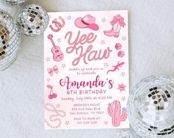 Editable Space Cowgirl Birthday Invitation, Disco rodeo invite digital, Groovy cowgirl birthday invitation, Yee Haw invitation, Pink Cowgirl