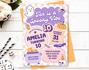 Ten is a spooky vibe birthday invite, 10th birthday Halloween party invitation girl, Preppy invitation editable, Groovy digital invitation