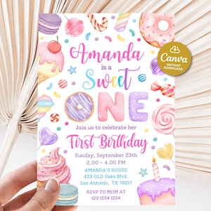 First birthday invitation girls, Sweet one birthday ice cream, 1st baby girl birthday invitation printable, She is a Sweet one girl birthday