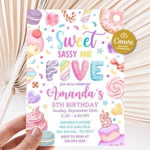 Invitation 5e anniversaire fille, faire-part d'anniversaire doux et impertinent, faire-part cinq anniversaire doux modifiable, invitation donut rose blush