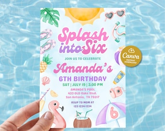 Splash into six birthday invites girl, 6th Birthday Pool Party, Editable Summer birthday party invite, Swimming party invite, Summer party