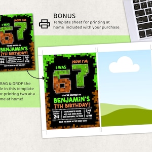 May include: A digital invitation for a 7th birthday party with a pixelated design. The invitation reads "I WAS 67, NOW I'M 7" and includes event details. A template sheet for printing at home is included.