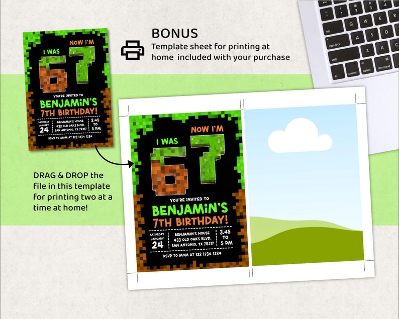 May include: A digital invitation for a 7th birthday party with a pixelated design. The invitation reads "I WAS 67, NOW I'M 7" and includes event details. A template sheet for printing at home is included.