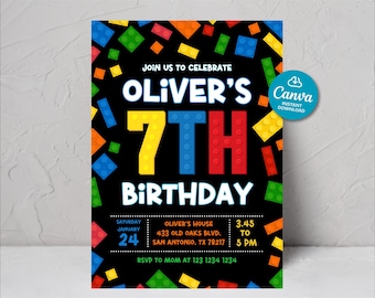 7th birthday invite boy, Editable Building Blocks Birthday Invitation, Construction Theme Party Invite, Building Bricks invite