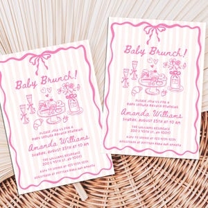 May include: Two pink baby brunch invitations with a striped background and a decorative pink border. The invitations feature the text "Baby Brunch!" and include details about the event, such as the date, time, and location.