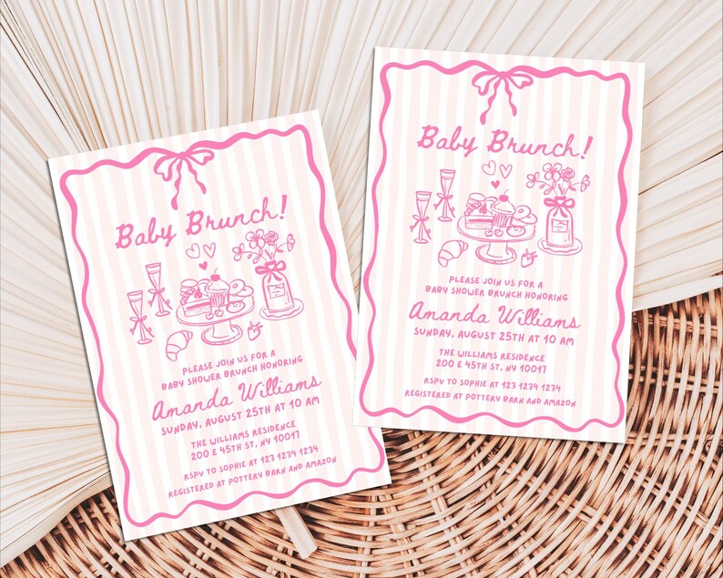 May include: Two pink baby brunch invitations with a striped background and a decorative pink border. The invitations feature the text "Baby Brunch!" and include details about the event, such as the date, time, and location.