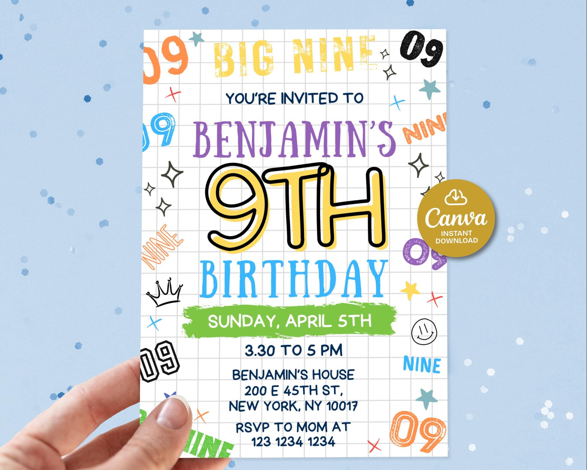 12 Biglietti Di Invito, Incl. 12 Buste Per Il 9° Compleanno Dei