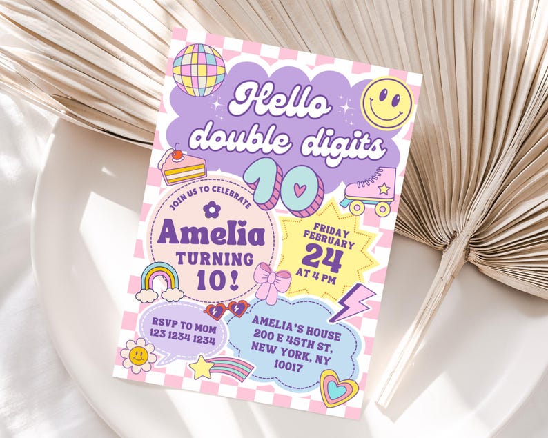 May include: A colorful birthday party invitation with the text "Hello double digits" and "Amelia turning 10!". The invitation features a disco ball, a smiley face, a cake, a rainbow, a roller skate, and other fun graphics. The invitation is on a pink and white checkered background.