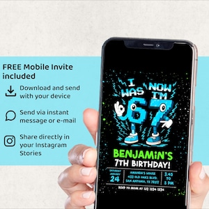 May include: A smartphone displaying a birthday invitation with the text "I WAS 67 NOW I'M" in a cartoon style. The invitation includes the name "Benjamin" and event details. The phone is held in a hand.