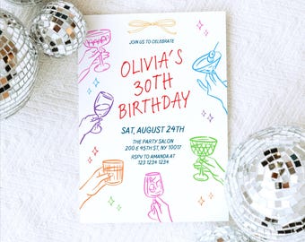 Cocktail Birthday invite girl, Hand Drawn Scribble Cocktail Invitation, Hand drawn birthday invite, 21st, 30th, 40th, 50th Birthday invite