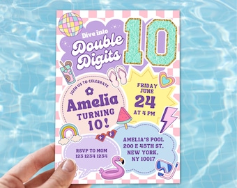 Dive into Double Digits birthday invitation girl, 10th Birthday Pool Party, Preppy Summer birthday party invite, Swimming party invitation