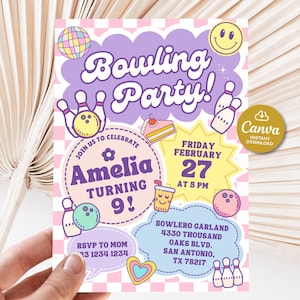 Girl bowling party invitation, Bowling birthday invite retro template, Preppy invitation, Let's strike up some fun, Groovy digital invite