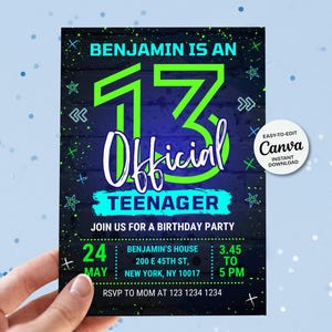 13th birthday boy invitation, Official teenager birthday invitation, Bruh birthday invitation boy, Neon birthday invitation, glow invitation