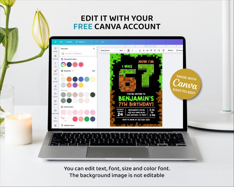 May include: A laptop screen shows a birthday invitation with pixelated graphics. The invitation reads "I was 67, Now I'm 7" and includes event details. Text at the top says "Edit it with your free Canva account". A gold sticker says "Made with Canva".