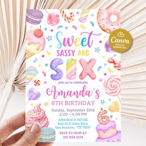 Sweet sassy and six invite, 6e verjaardagsuitnodiging meisje, Sweet Six verjaardagsuitnodiging bewerkbaar, donut uitnodiging blush roze, zesde verjaardag